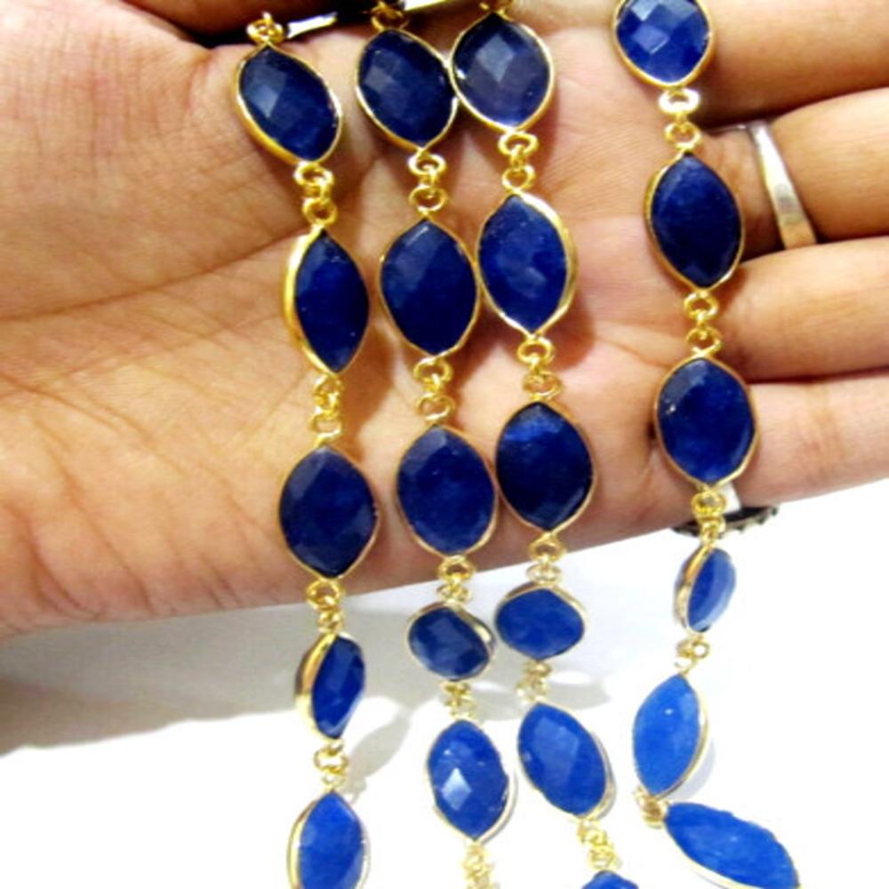Blue Sapphire Marquise Shape Briolette Faceted Bezel Connector Chain 9x15mm Gold Plated Sold Per Foot