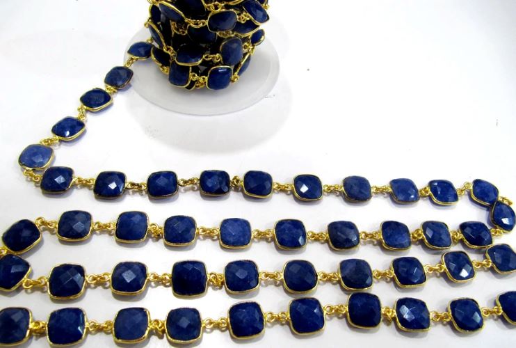 Blue Sapphire Cushion Shape Briolette Faceted Bezel Connector Chain 10 mm stone Sold Per Foot