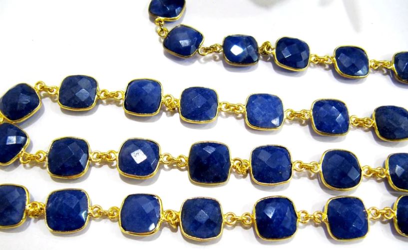 Blue Sapphire Cushion Shape Briolette Faceted Bezel Connector Chain 10 mm stone Sold Per Foot