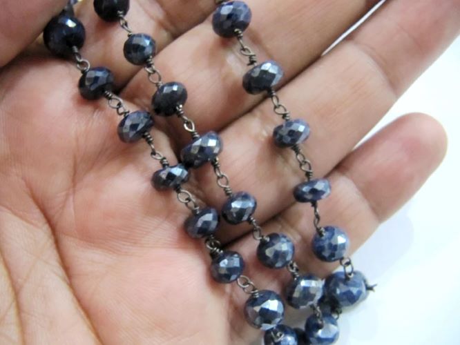 Natural Blue Sapphire Silverite Rondelle Faceted 7-8 mm Size Beaded Rosary Chain