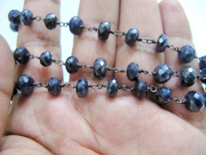 Natural Blue Sapphire Silverite Rondelle Faceted 7-8 mm Size Beaded Rosary Chain