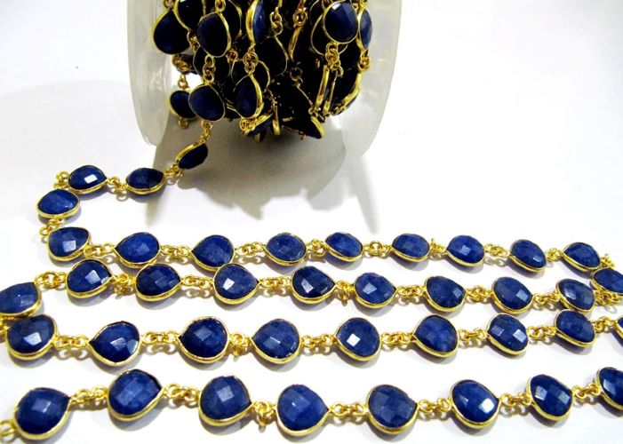 Dyed Blue Sapphire Heart Shape Briolette Faceted Bezel Connector Chain 10 mm Plated Sold Per Foot