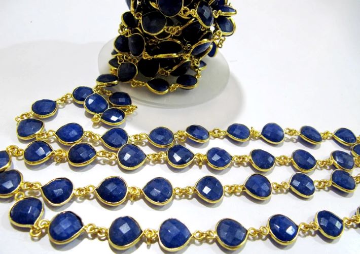 Dyed Blue Sapphire Heart Shape Briolette Faceted Bezel Connector Chain 10 mm Plated Sold Per Foot