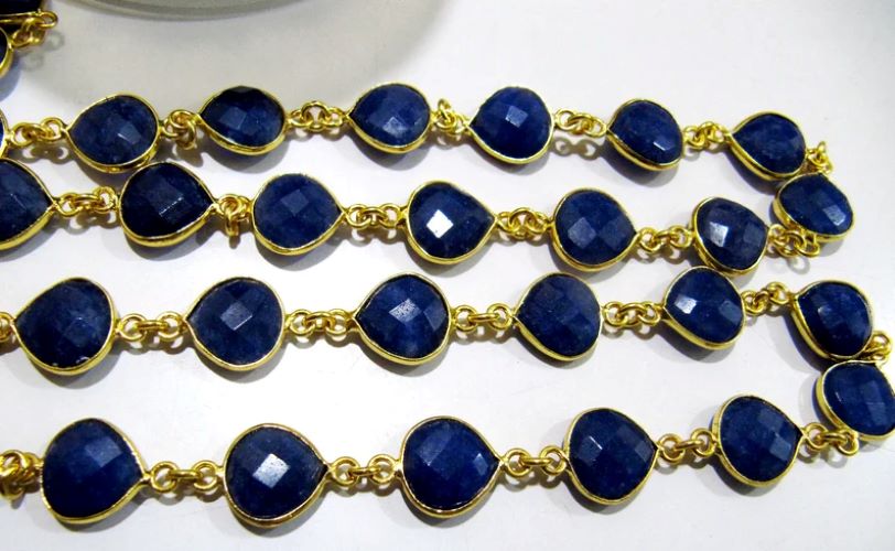 Dyed Blue Sapphire Heart Shape Briolette Faceted Bezel Connector Chain 10 mm Plated Sold Per Foot