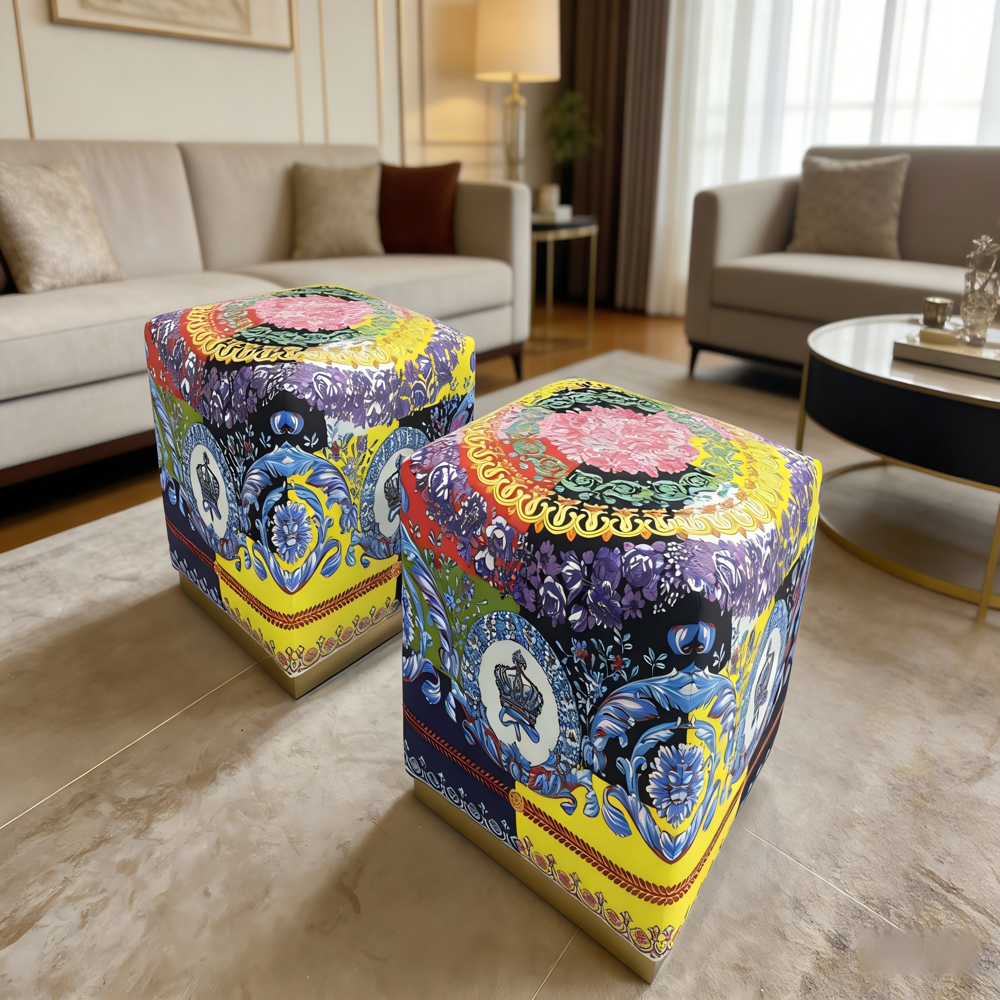 Luxury Baroque Style Crown Print Cube Ottoman