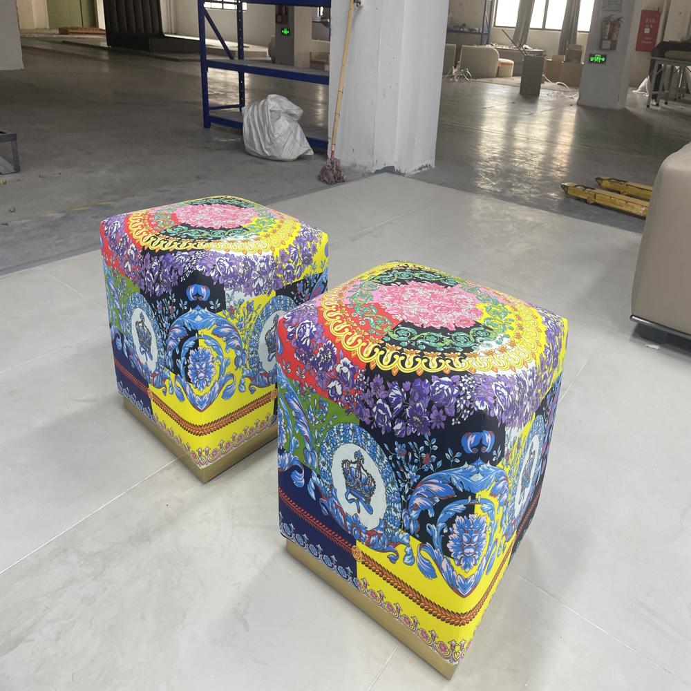 Luxury Baroque Style Crown Print Cube Ottoman