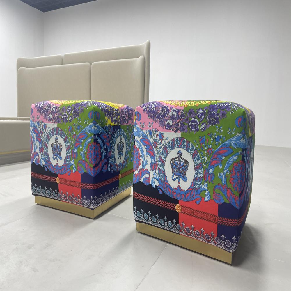 Luxury Baroque Style Crown Print Cube Ottoman