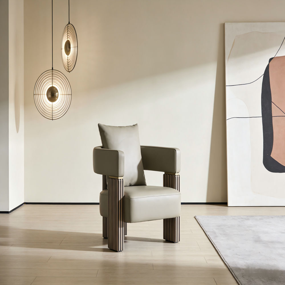 Modern Luxury Leather Accent Chair, Designer Armchair with Striped Armrests