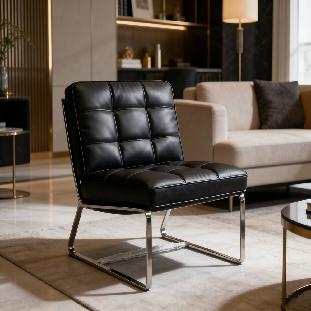 Barcelona Style AccentModern Luxury Black Leather Lounge Chair 