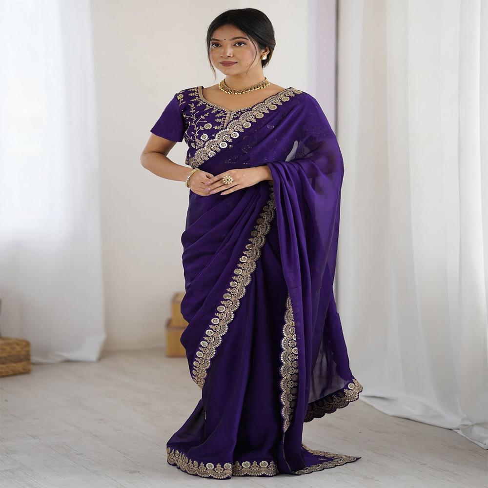Purple Rohini Saree - Decoration Material: Laces