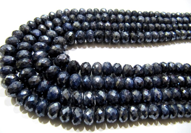 Natural Blue Sapphire Silverite Rondelle Faceted 6 to 9mm Size Graduated Gemstone Beads strand 8 Inches Long