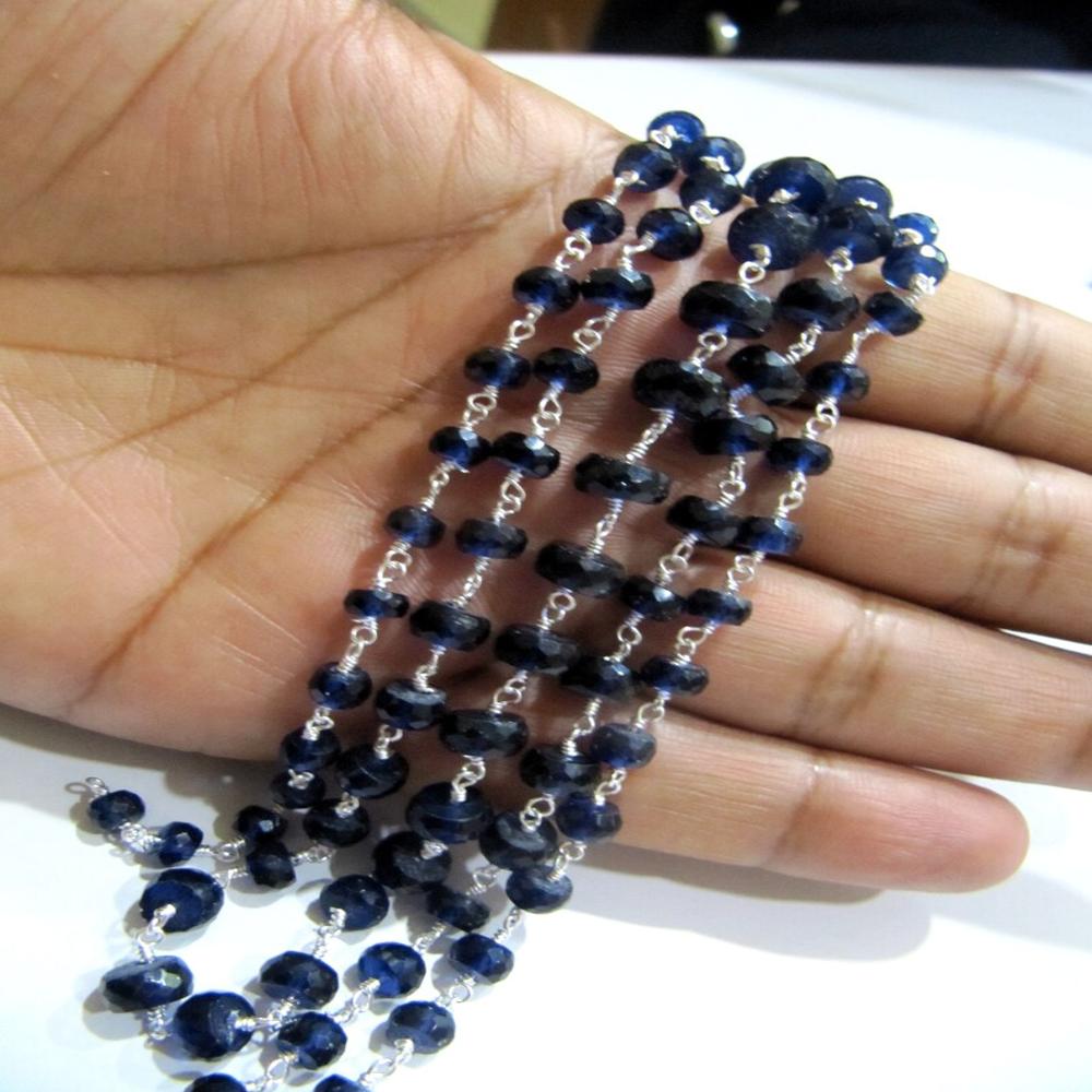 Blue Sapphire Rondelle Faceted 5 to 8mm Size Graduated Beaded Wire Wrapped Chain