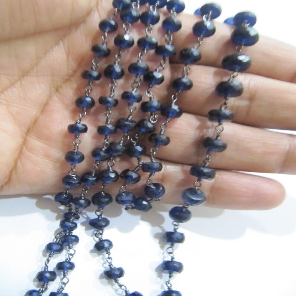 Blue Sapphire Rondelle Faceted 5 to 8mm Size Graduated Beaded Wire Wrapped Chain