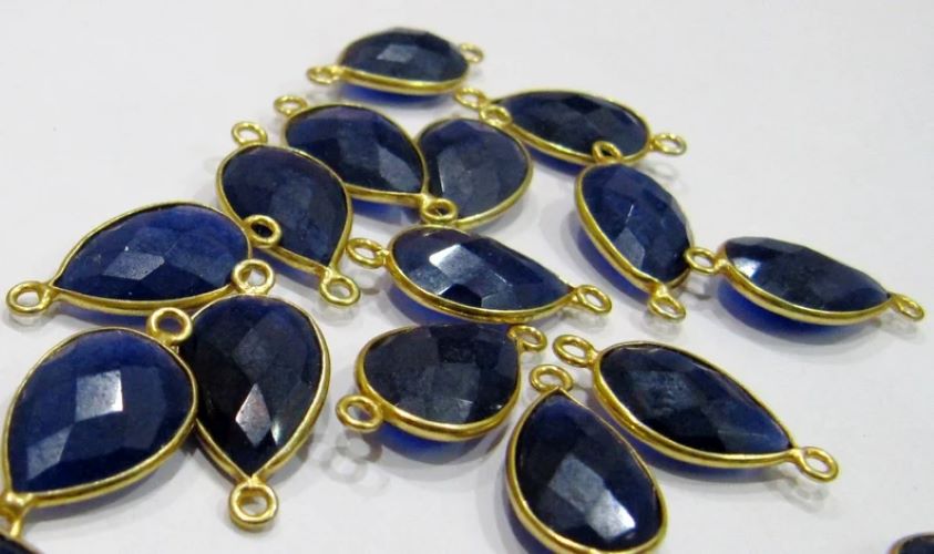 Blue Sapphire Pear Shape briolette Connectors 11x16mm charms Stone Double Loop Bezel