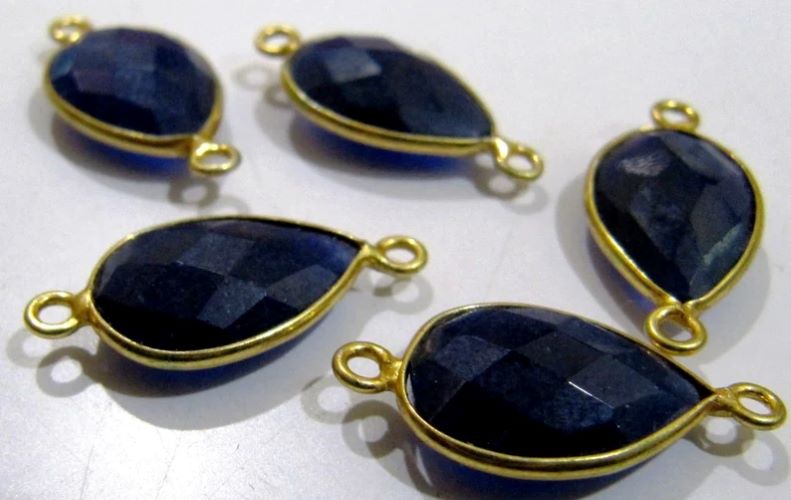 Blue Sapphire Pear Shape briolette Connectors 11x16mm charms Stone Double Loop Bezel 