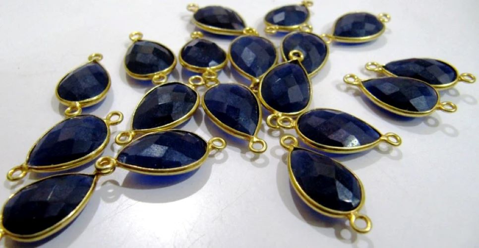 Blue Sapphire Pear Shape briolette Connectors 11x16mm charms Stone Double Loop Bezel 