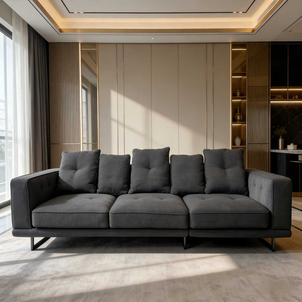 Modern Large Sectional Sofa Charcoal Linen Fabric 3-4 Seater for Living Room