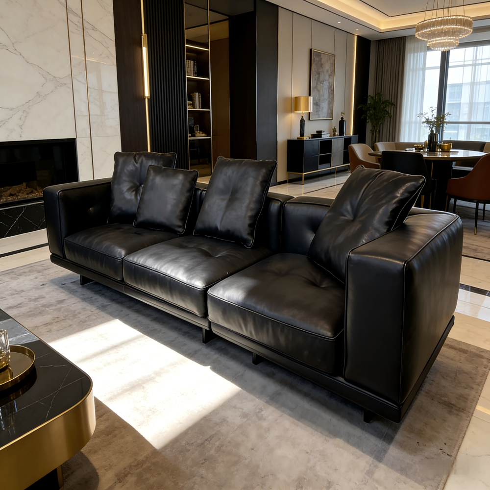 Luxury Black Leather Sectional Sofa 3-seater Modern Contemporary Couch - Color: Customizable Color