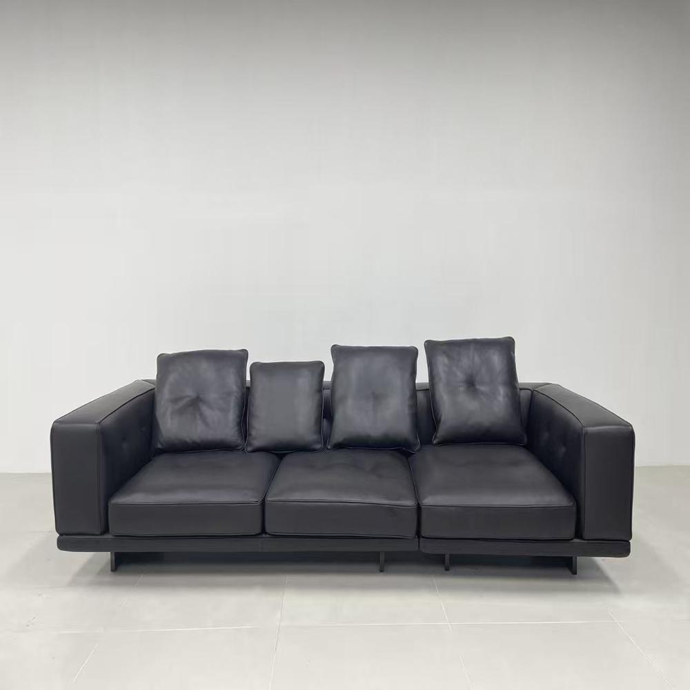 Luxury Black Leather Sectional Sofa 3-Seater Modern Contemporary Couch