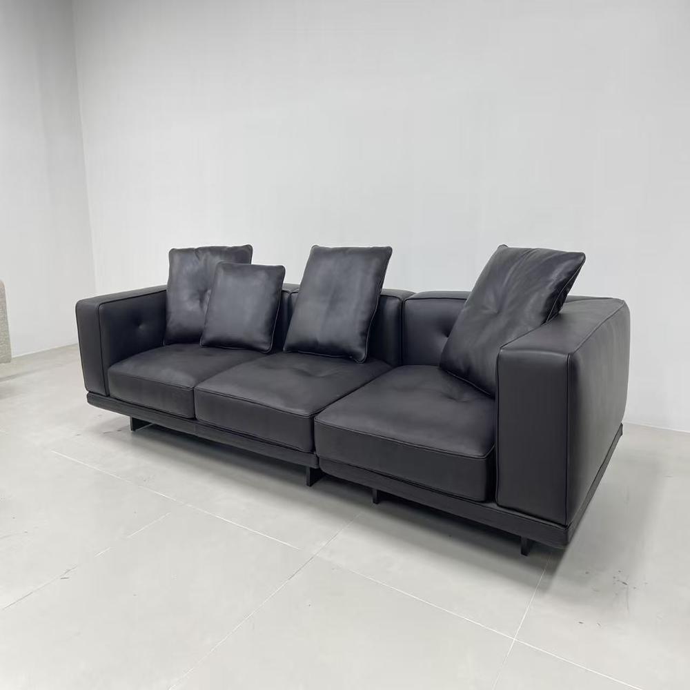 Luxury Black Leather Sectional Sofa 3-Seater Modern Contemporary Couch