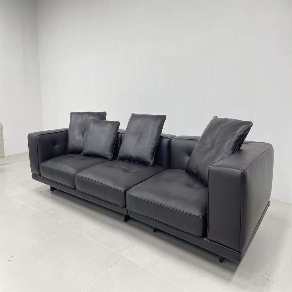 Luxury Black Leather Sectional Sofa 3-Seater Modern Contemporary Couch