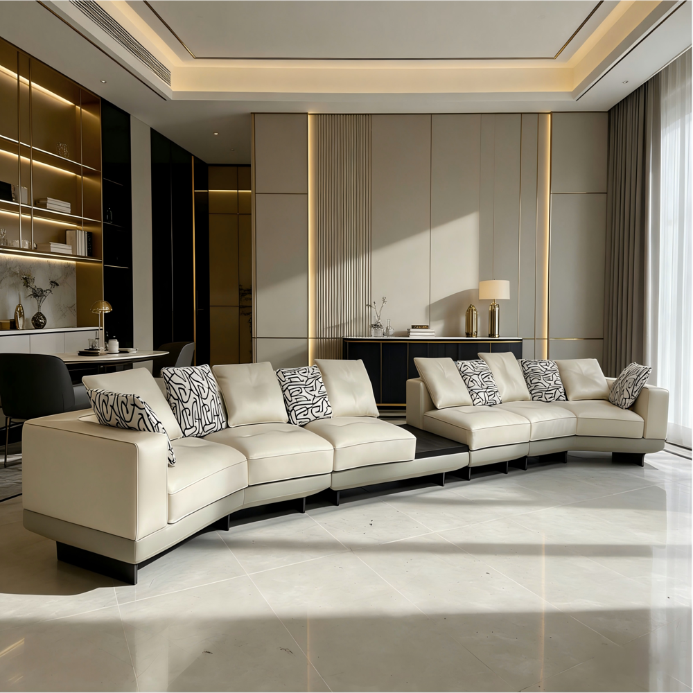 Luxury Curved Modular Sectional Large L-shaped Sofa - Velvet Upholstery, 365x170x78 Cm, Ivory Beige With Gold Accents | Removable Cushion Covers, Scratch-resistant Base, Gold-tone Stainless Steel Legs