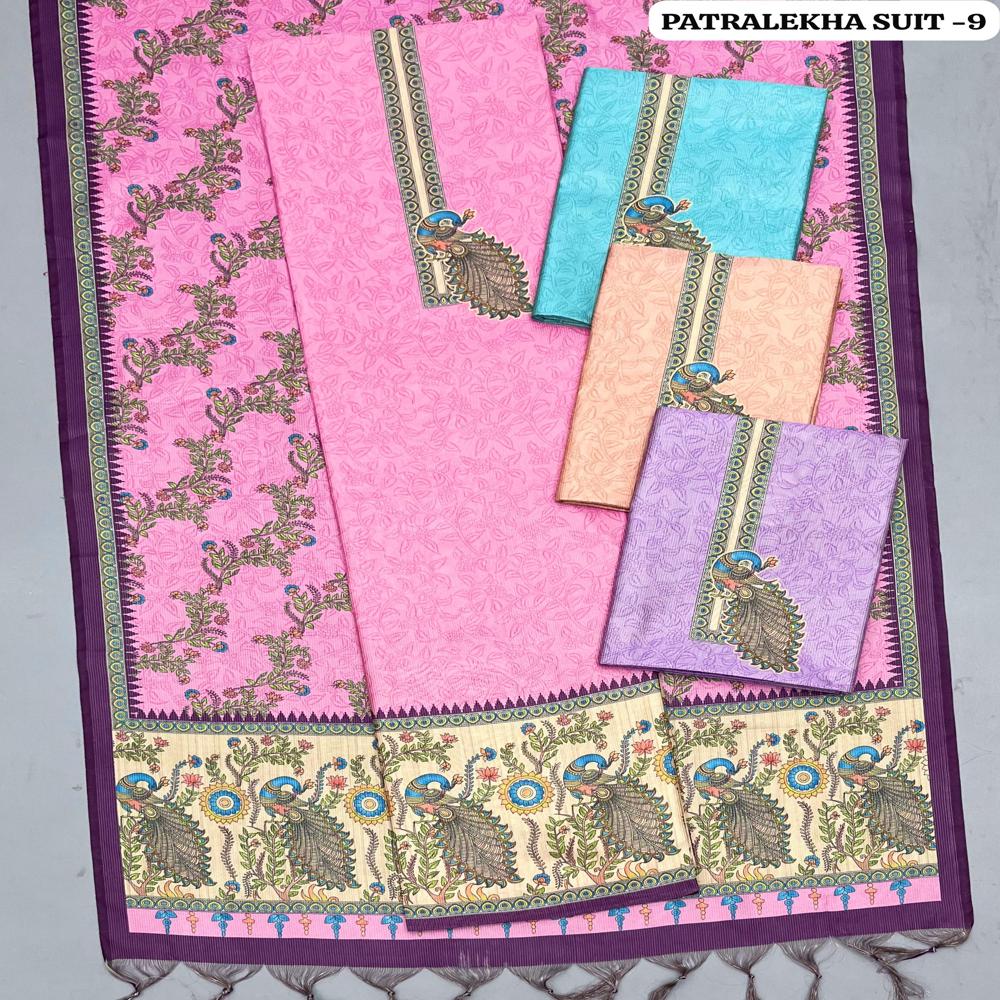 Tussar Silk Digital Print 3 Piece Unstitched Suit Set for Women  Premium Peacock Border Collection