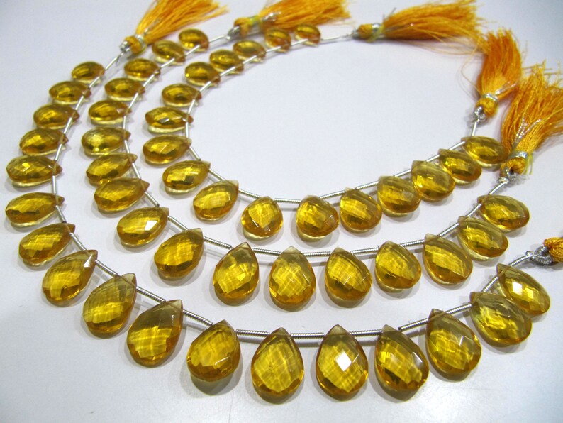 Faceted Citrine Hydro Quartz Pear Beads: Yellow Briolette, 8 Inch