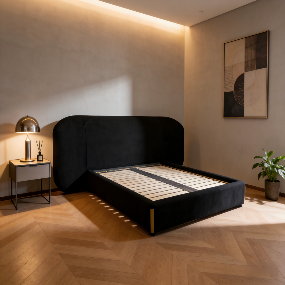 Luxury Modern Black Velvet Upholstered Platform Bed