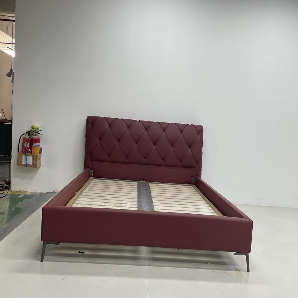 Luxury Modern Burgundy Leather Upholstered Platform Bed with Diamond Tufted Headboard