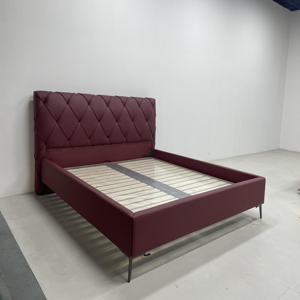 Luxury Modern Burgundy Leather Upholstered Platform Bed with Diamond Tufted Headboard