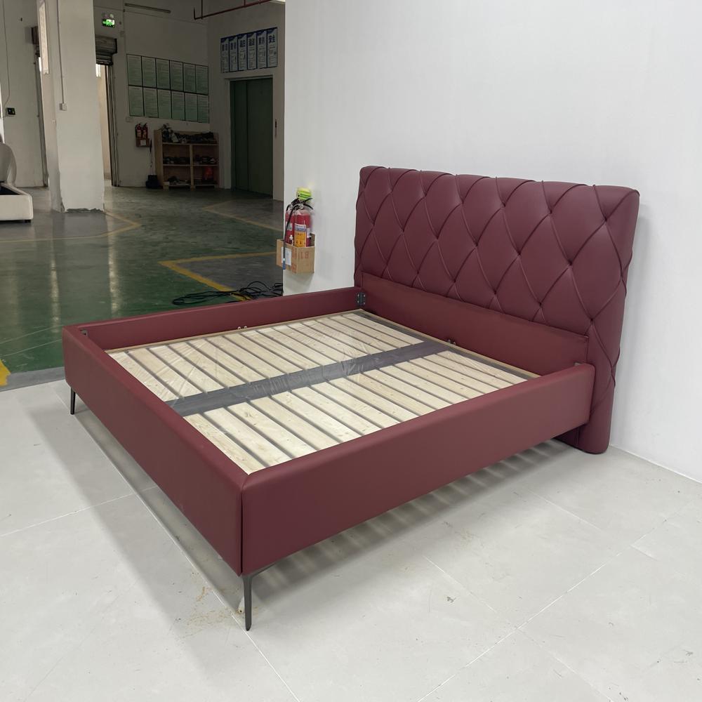 Luxury Modern Burgundy Leather Upholstered Platform Bed with Diamond Tufted Headboard