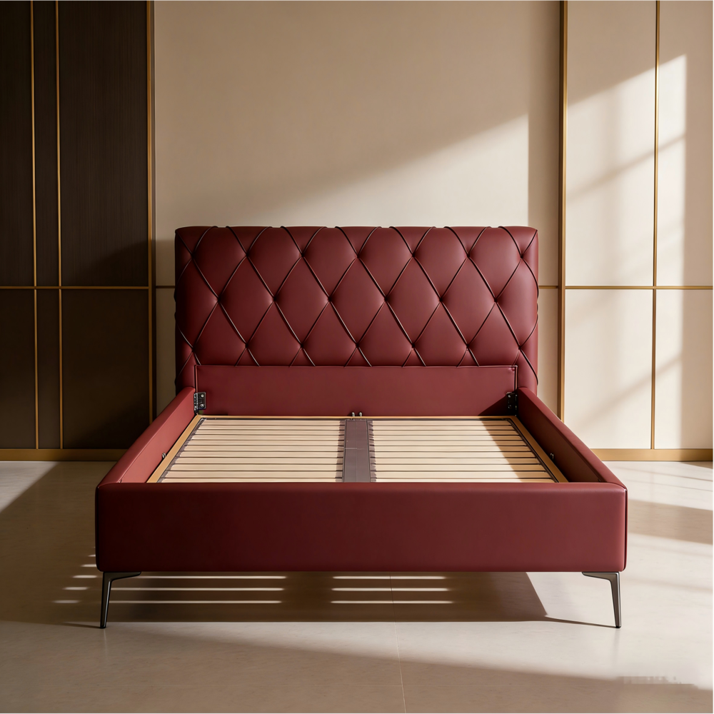 Luxury Modern Burgundy Leather Upholstered Platform Bed with Diamond Tufted Headboard