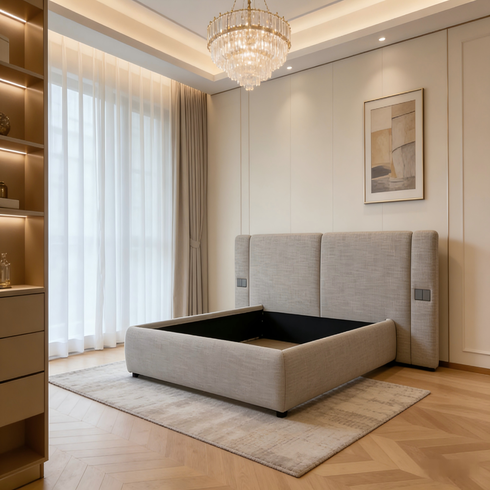 Modern Luxury Light Gray Linen Upholstered Platform Bed with Oversized Modular Headboard