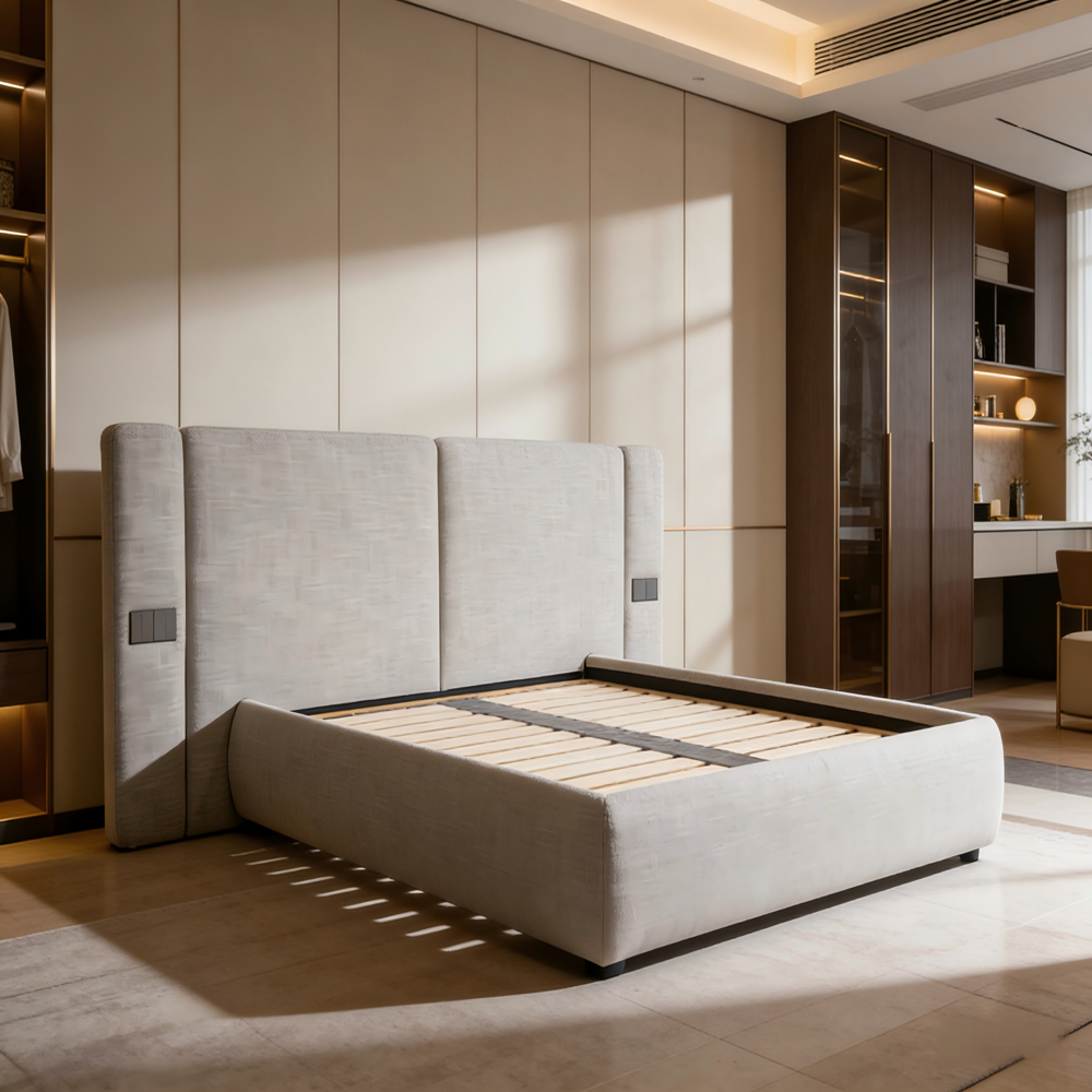 Modern Luxury Light Gray Linen Upholstered Platform Bed with Oversized Modular Headboard