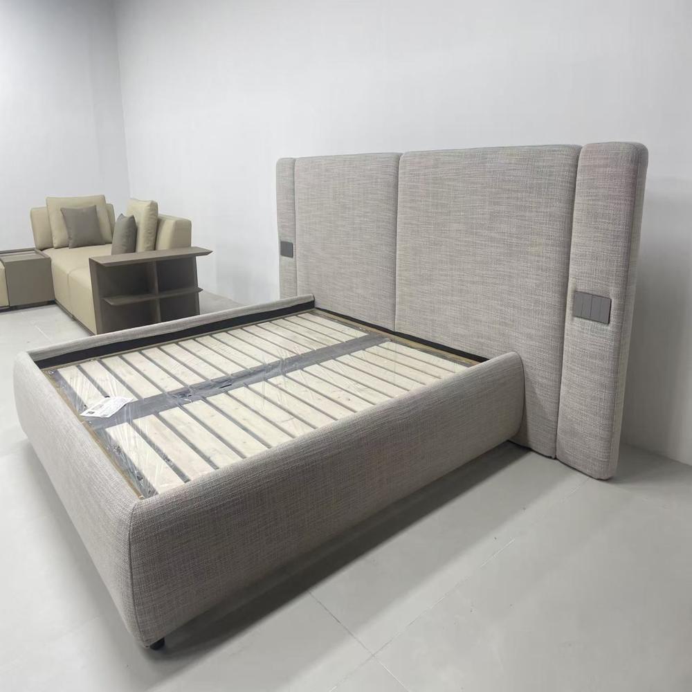 Modern Luxury Light Gray Linen Upholstered Platform Bed with Oversized Modular Headboard