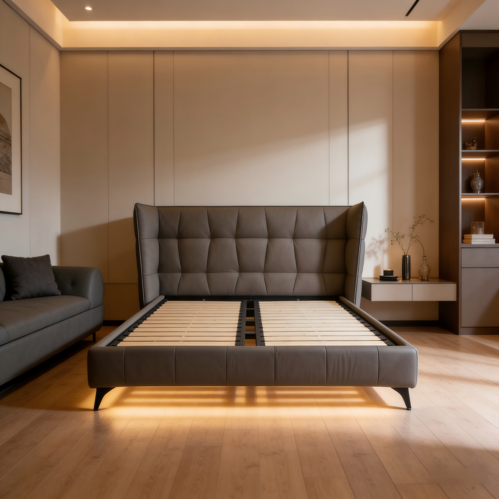 Modern Luxury Leather Upholstered Platform Bed