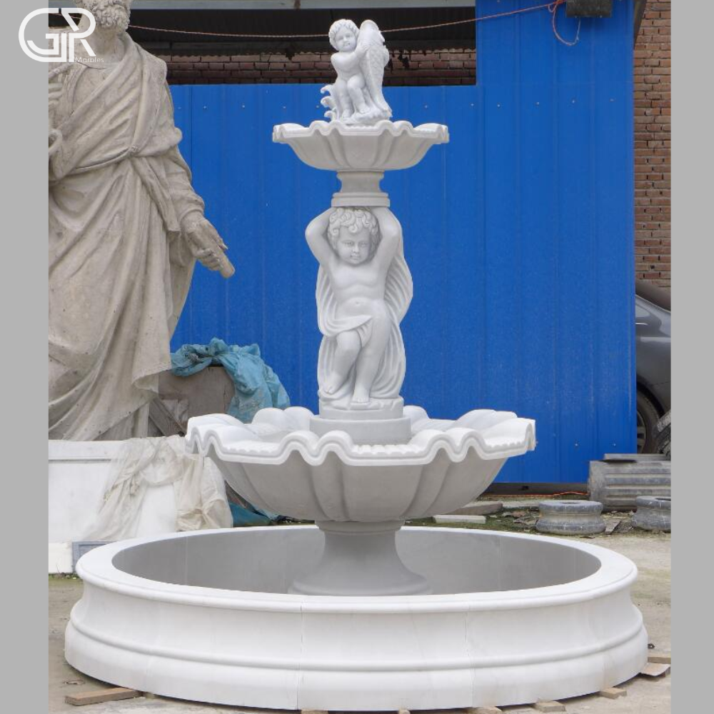 pure white marble water fountain