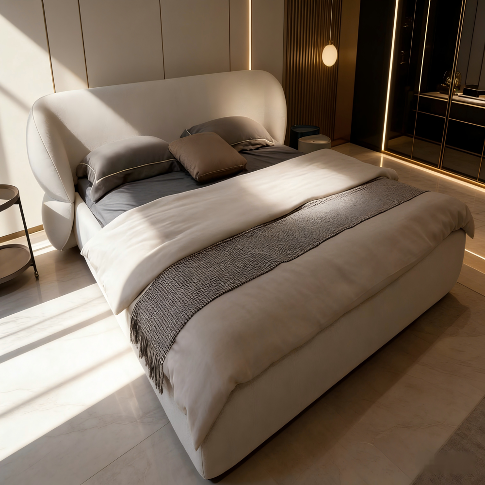 Luxury Cream Boucle King Size Bed With Curved Headboard - Color: Customizable