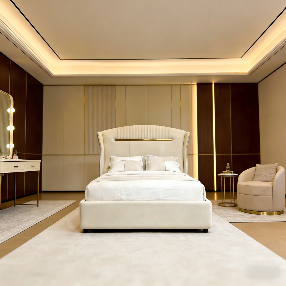 Elegant Beige Leather King Size Bed with Wingback Headboard