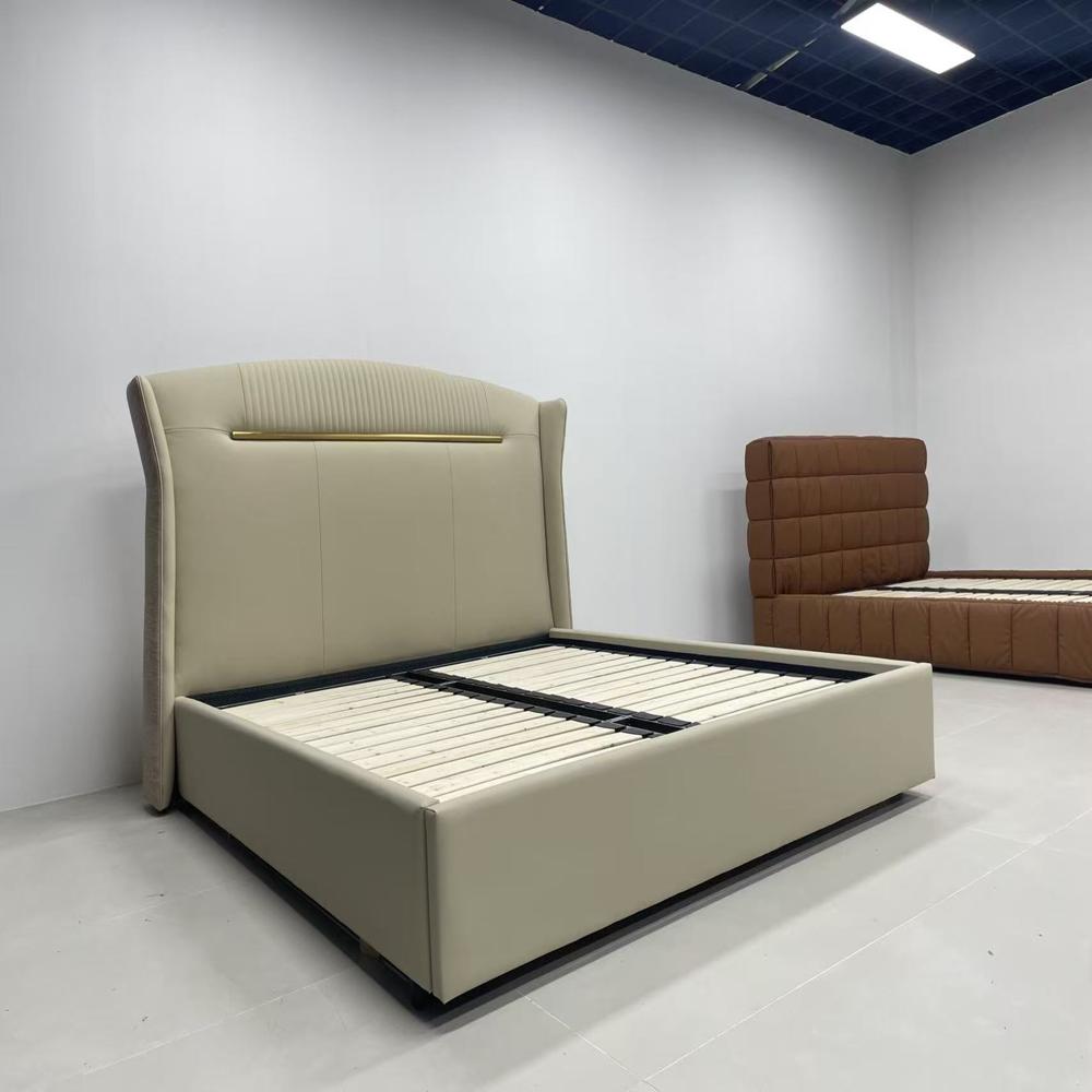 Elegant Beige Leather King Size Bed with Wingback Headboard