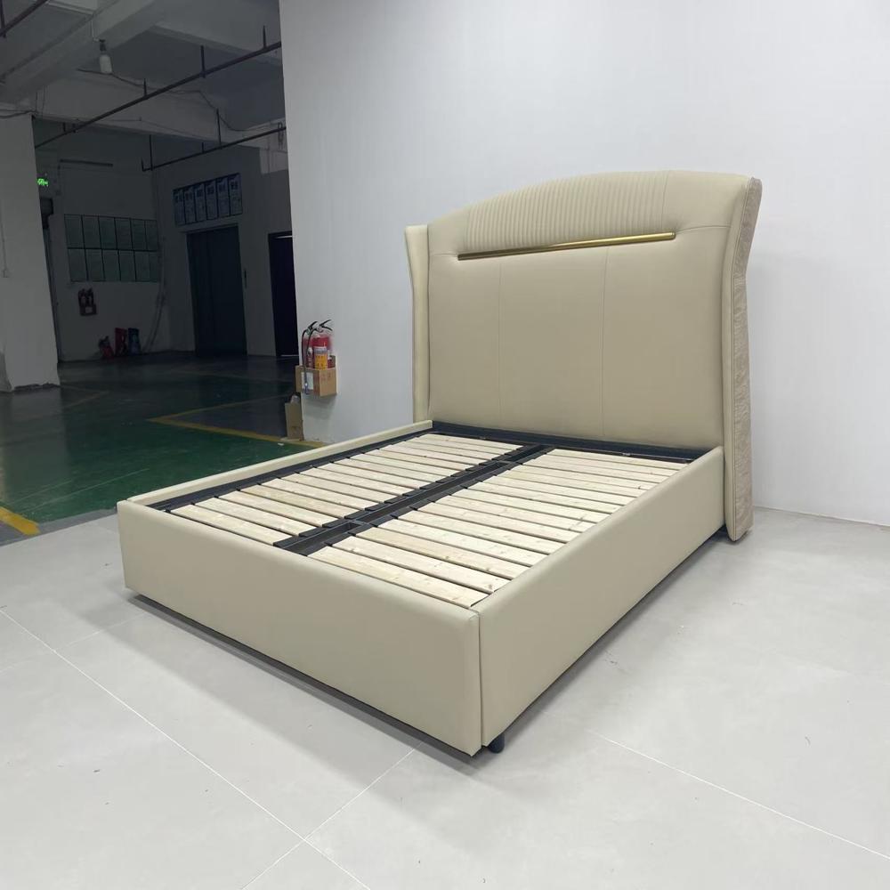 Elegant Beige Leather King Size Bed with Wingback Headboard