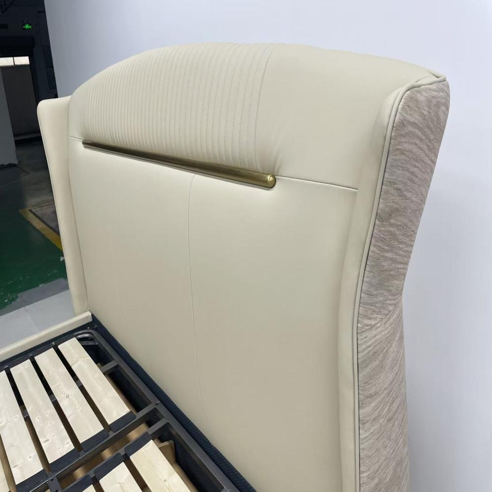 Elegant Beige Leather King Size Bed with Wingback Headboard