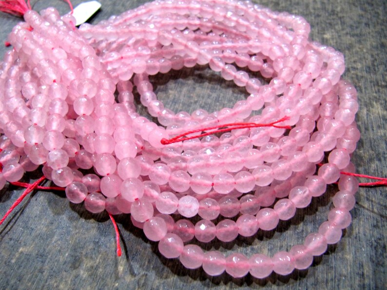 Natural Rose Quartz Round Shape Briolette Faceted 5-6Mm Beads Pink Colour Strand 14-15 Inches Long - Beads Material: Stone