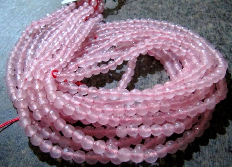 Natural Rose Quartz Round Shape Briolette Faceted 5-6mm Beads Pink Colour Strand 14-15 Inches Long