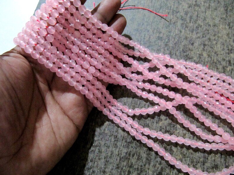 Natural Rose Quartz Round Shape Briolette Faceted 5-6mm Beads Pink Colour Strand 14-15 Inches Long