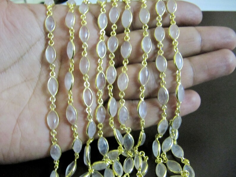 Natural Rose Quartz Marquise Shape Size 10x16mm Plain Smooth Bezel Connector Chain