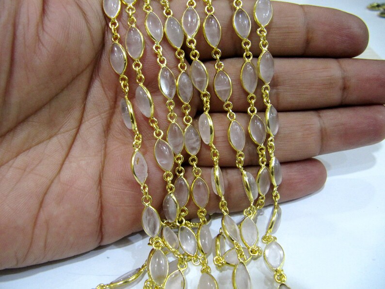 Natural Rose Quartz Marquise Shape Size 10x16mm Plain Smooth Bezel Connector Chain 
