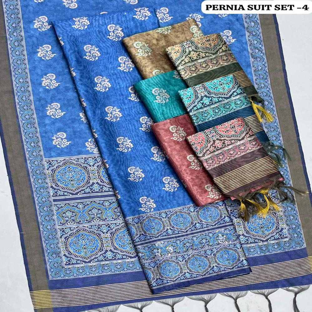 Premium Tussar Silk Digital Print 3 Piece Unstitched Suit Set with Traditional Border Dupatta  Ethnic