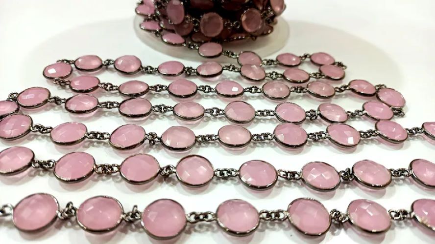 Natural Pink Chalcedony Briolette Coin Shape 12mm Bezel connector chain 